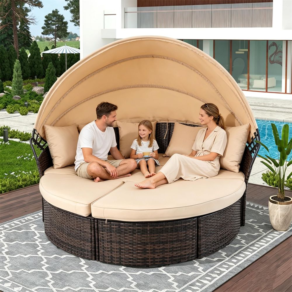 Outdoor Furniture Cushion - Outdoor Patio Round Daybed with Retractable