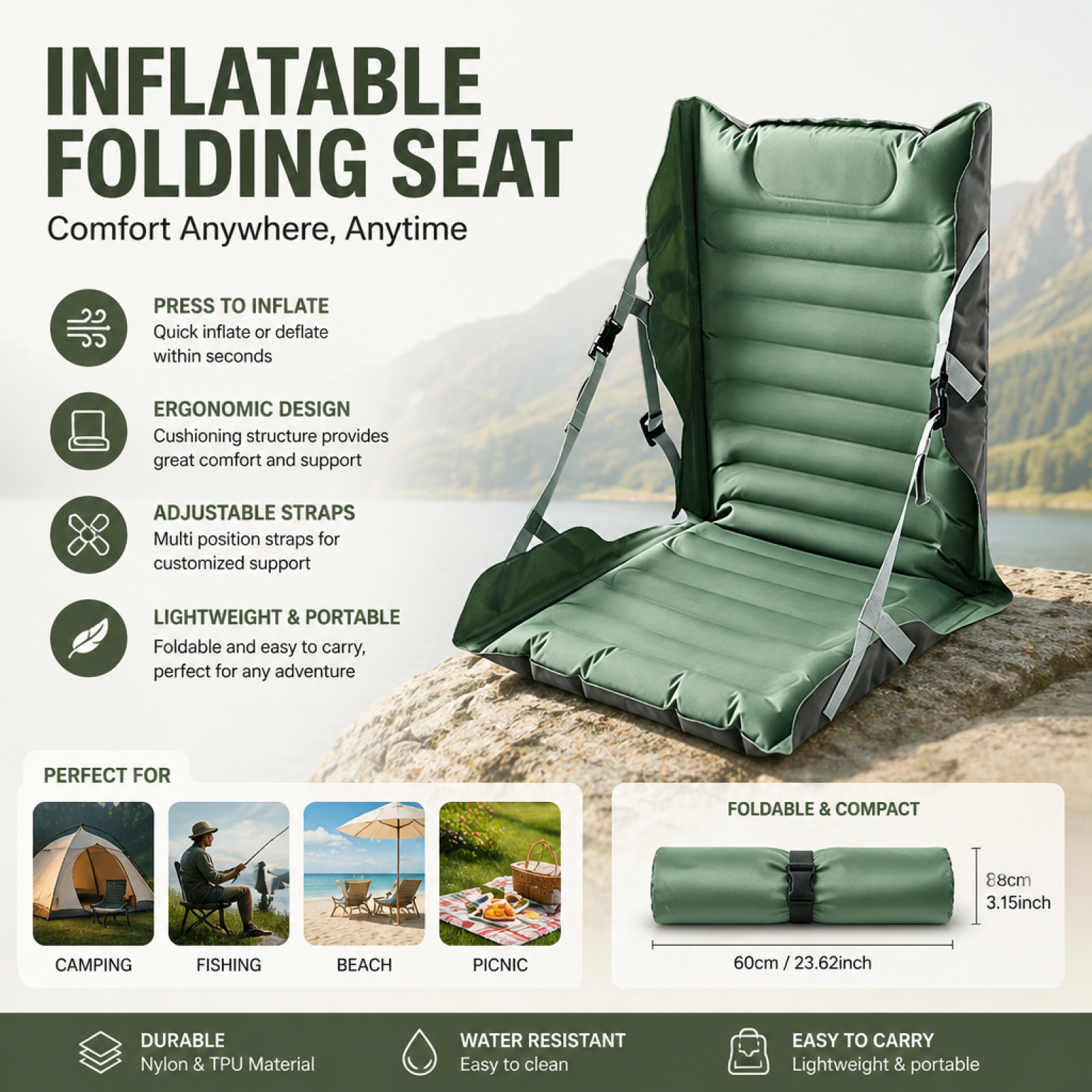 Outdoor Furniture Cushion - Inflatable Folding Seat Cushion with Back